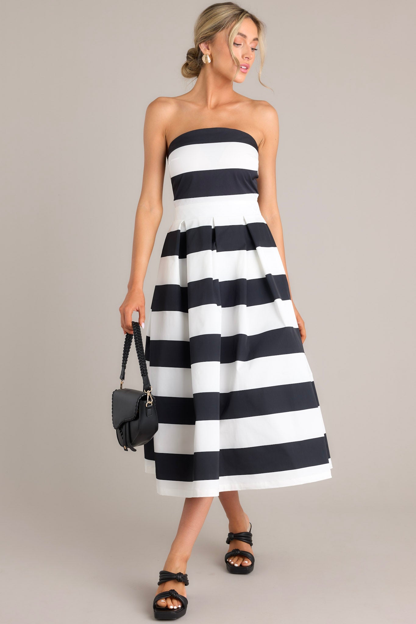 Black & White Stripe Strapless Midi Dress
