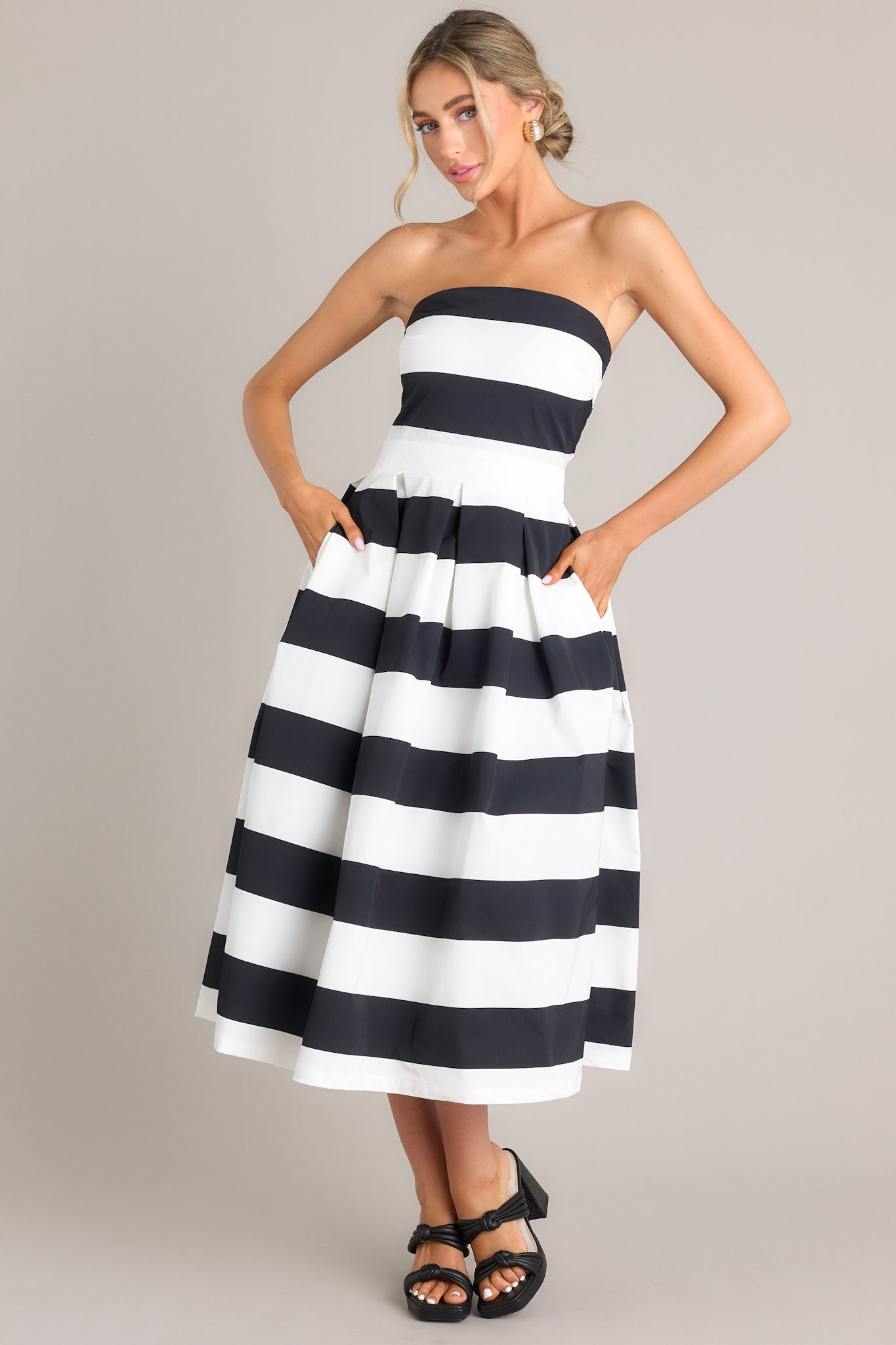 Black & White Stripe Strapless Midi Dress