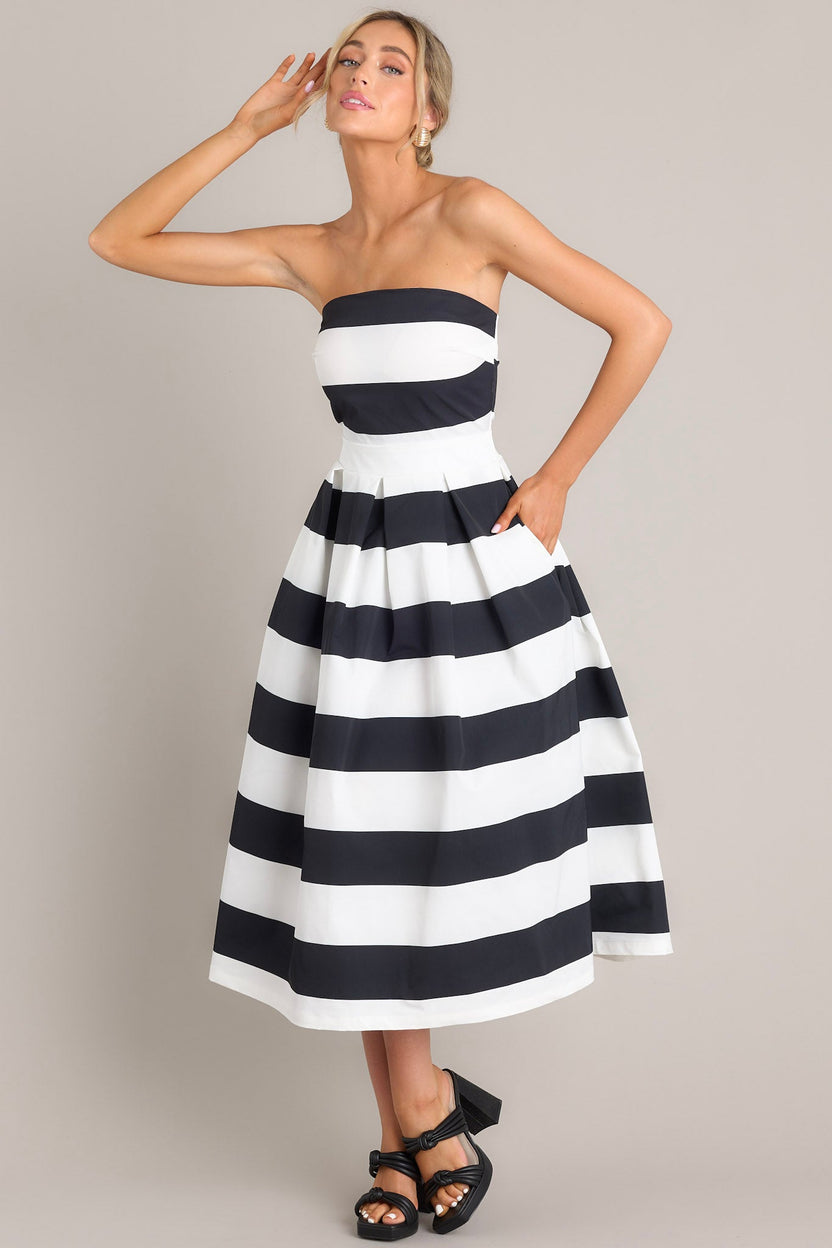 Black & White Stripe Strapless Midi Dress