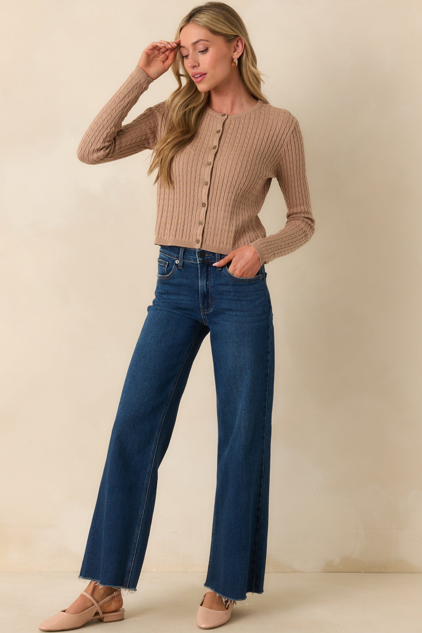 Dark Taupe Cotton Cable Knit Cardigan - All Sweaters | Red Dress