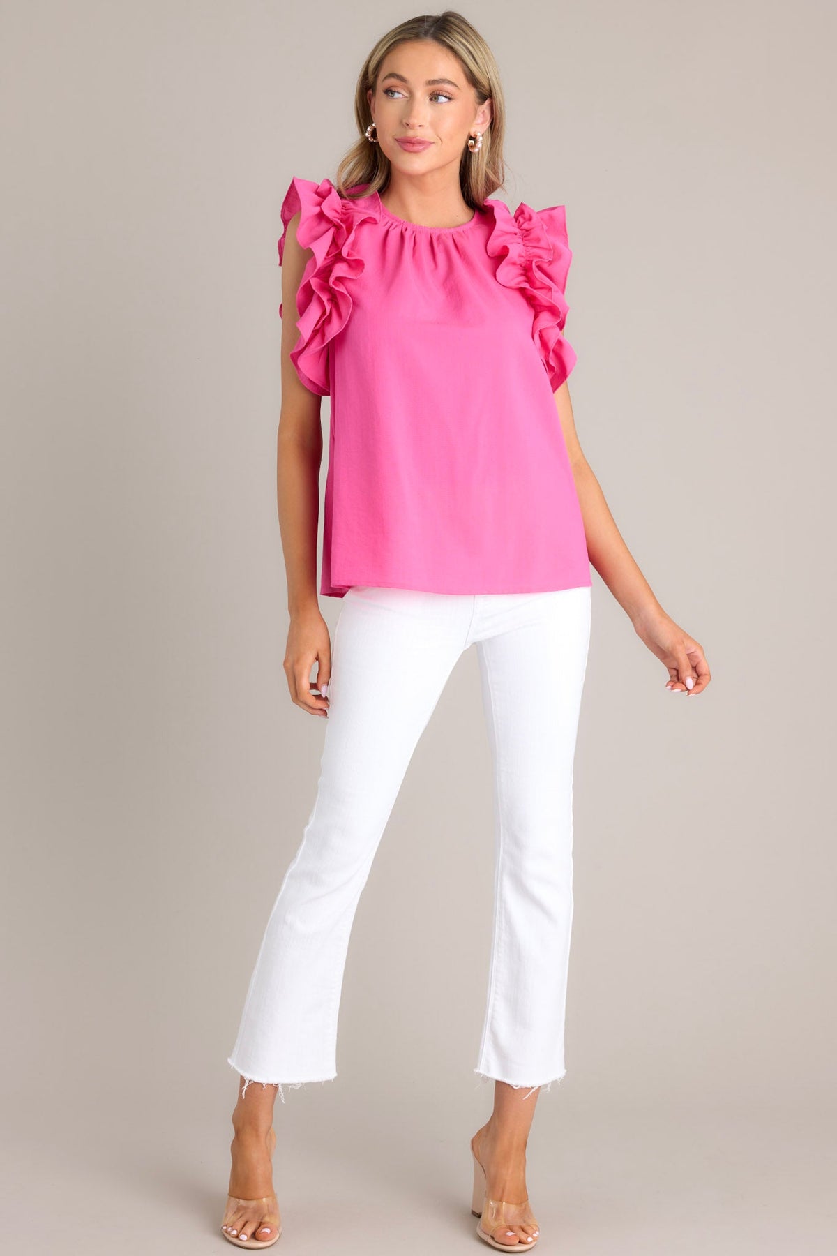 Ruffled Sleeve Hot Pink Top - All Tops | Red Dress