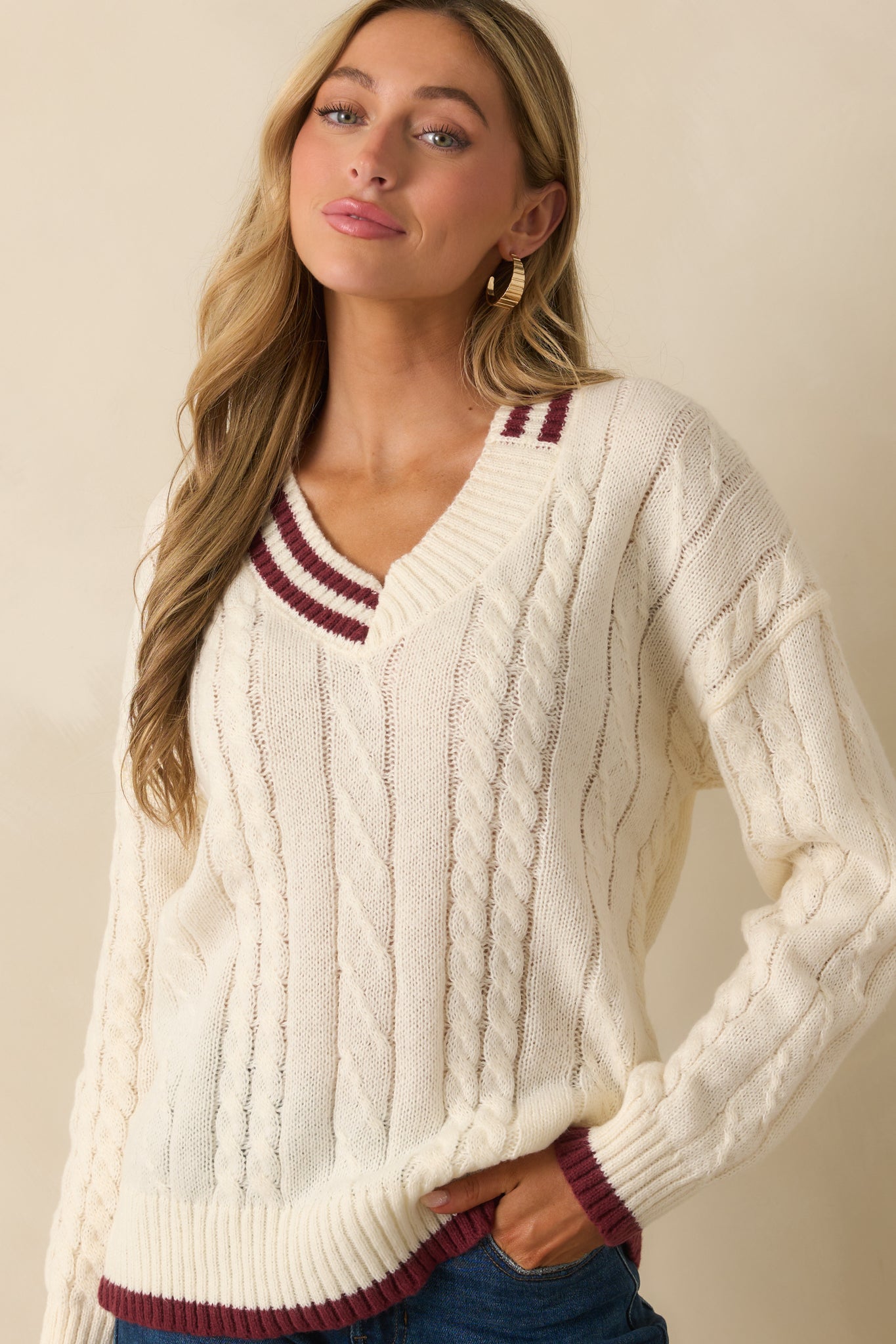 Ivory Contrast Trim V-Neck Cable Knit Sweater - All Tops | Red Dress