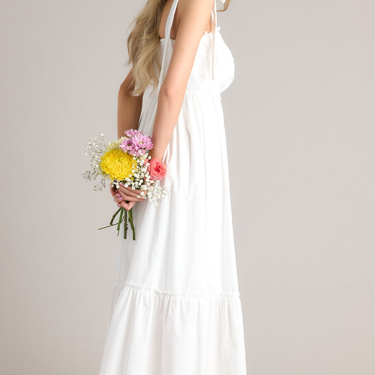 Pleated Front White Maxi Dress - All Dresses