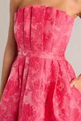 Enchanted Elegance Hot Pink Embossed Strapless Midi Dress - Red Dress