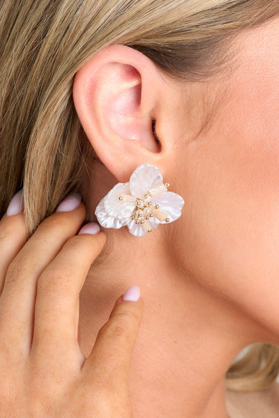 Ivory Pearlescent Flower Earrings - All Earrings | Red Dress