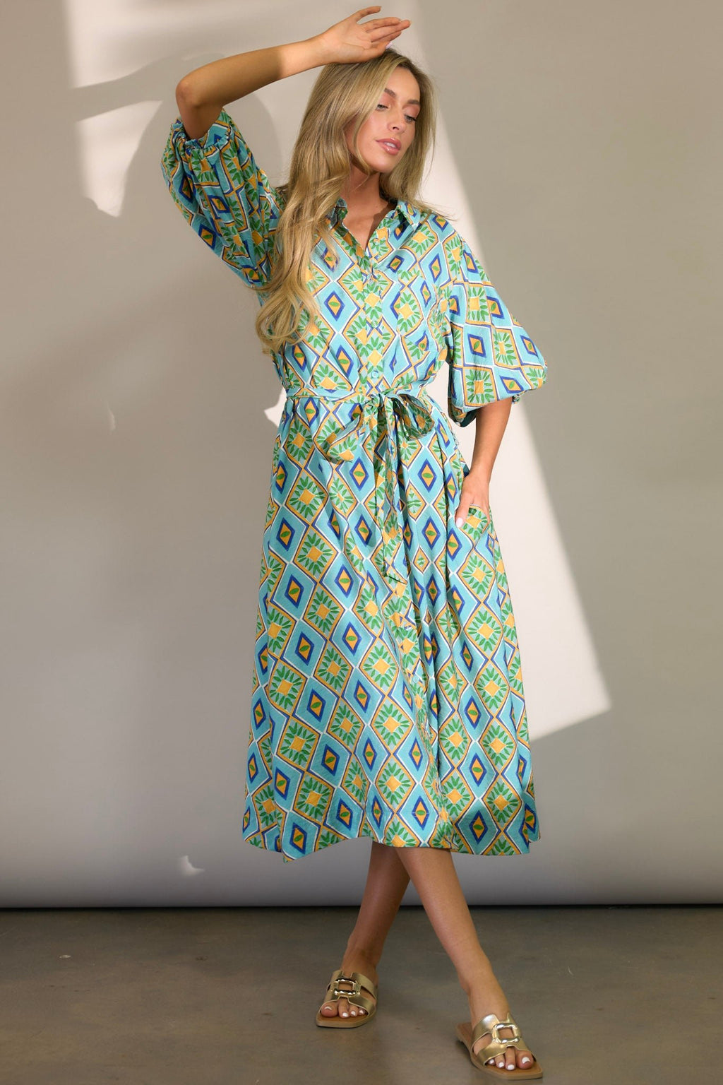 Turquoise Print Button Front Midi Dress - All Dresses