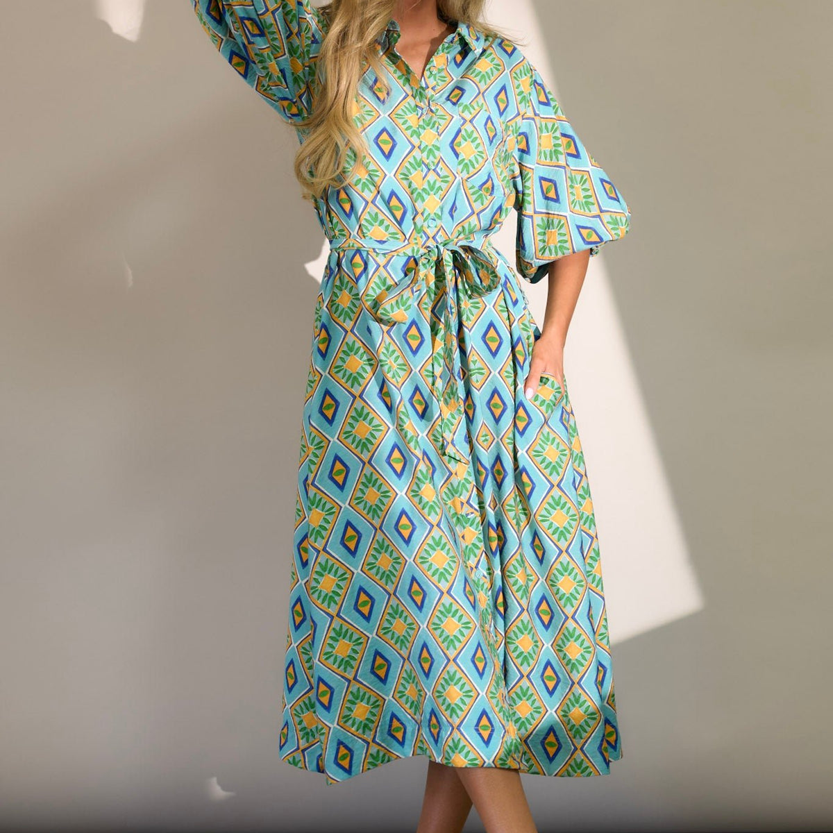 fitted lace wedding dress Turquoise Print Button Front Midi Dress - All Dresses