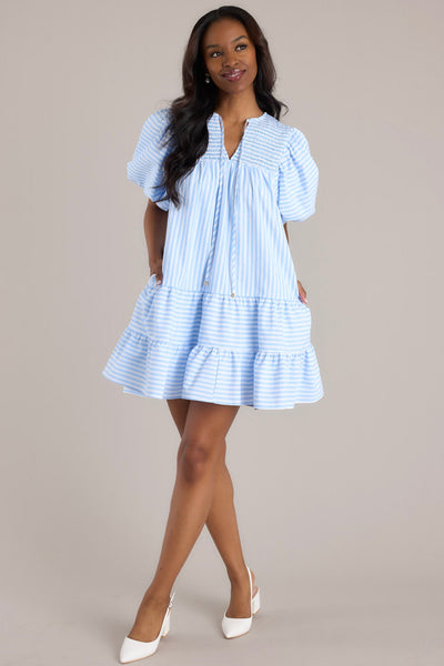 Family Story Light Blue Stripe Mini Dress