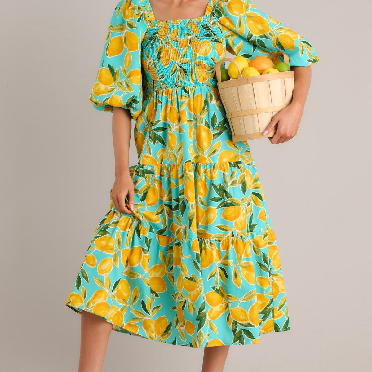 レモンティーANDRESD puff sleeve high waist feeling-zesty-aqua-lemon-print