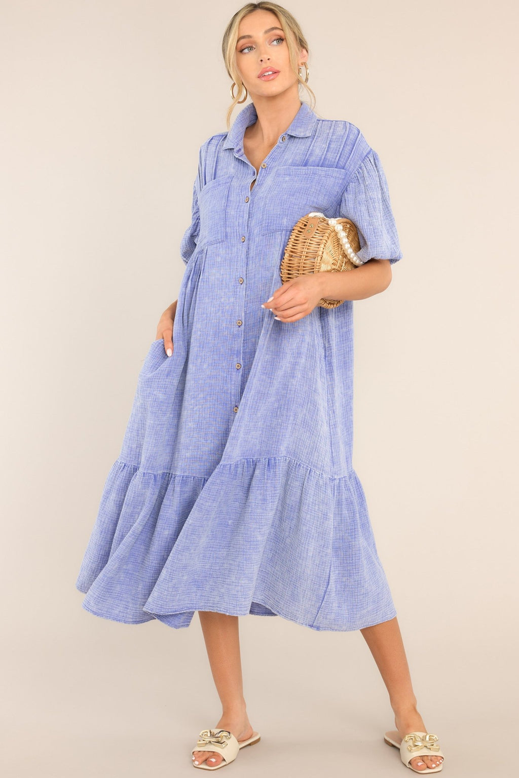 crinkle gauze midi dress Periwinkle Gauze Button Front Midi Dress - All Dresses