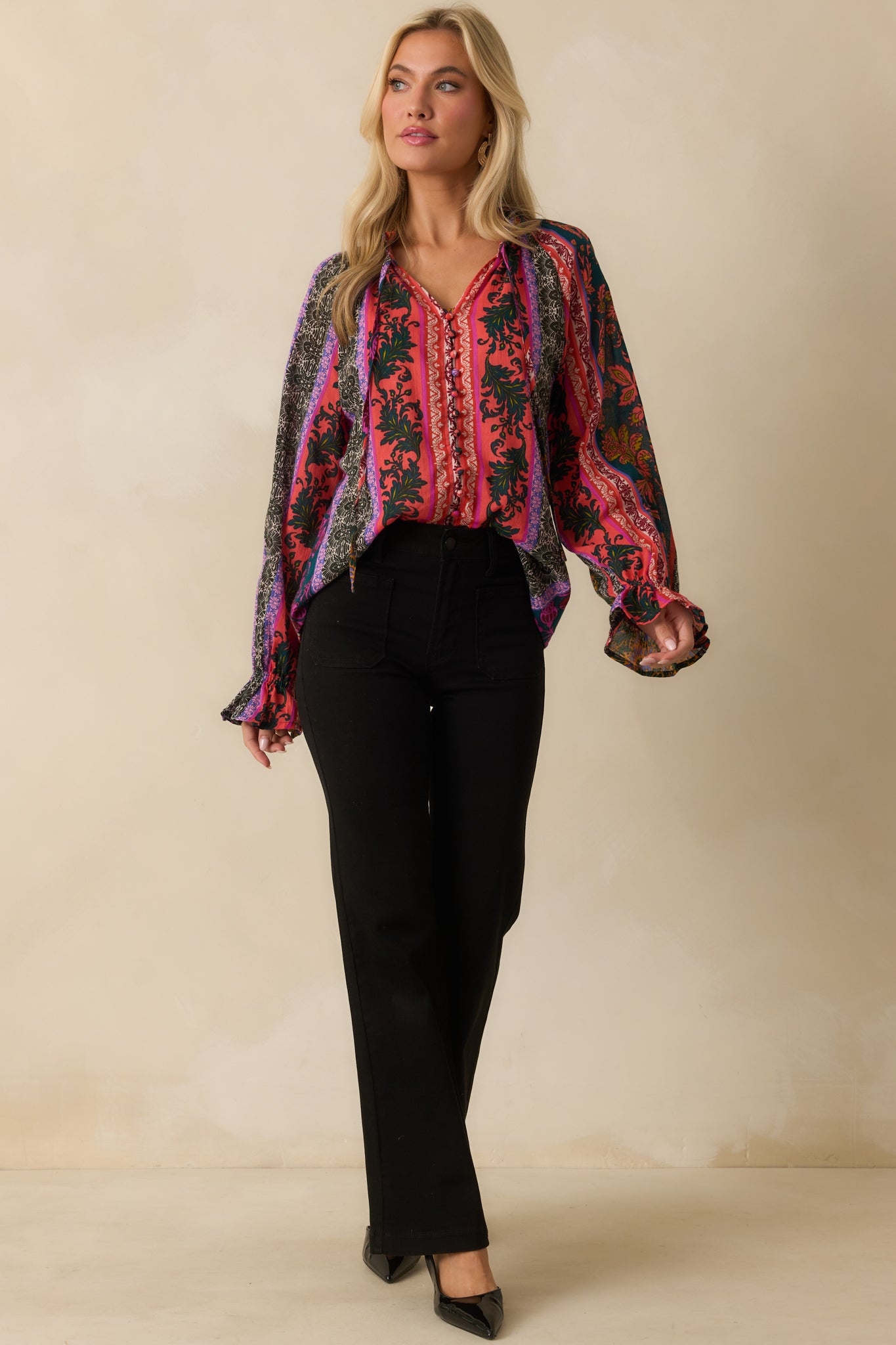 Flare leg denim styled with belt loops and functional front patch pockets.