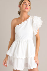 Flirty Flutter White Scallop Tiered One Shoulder Romper (RESTOCK ETA MAY) - Red Dress