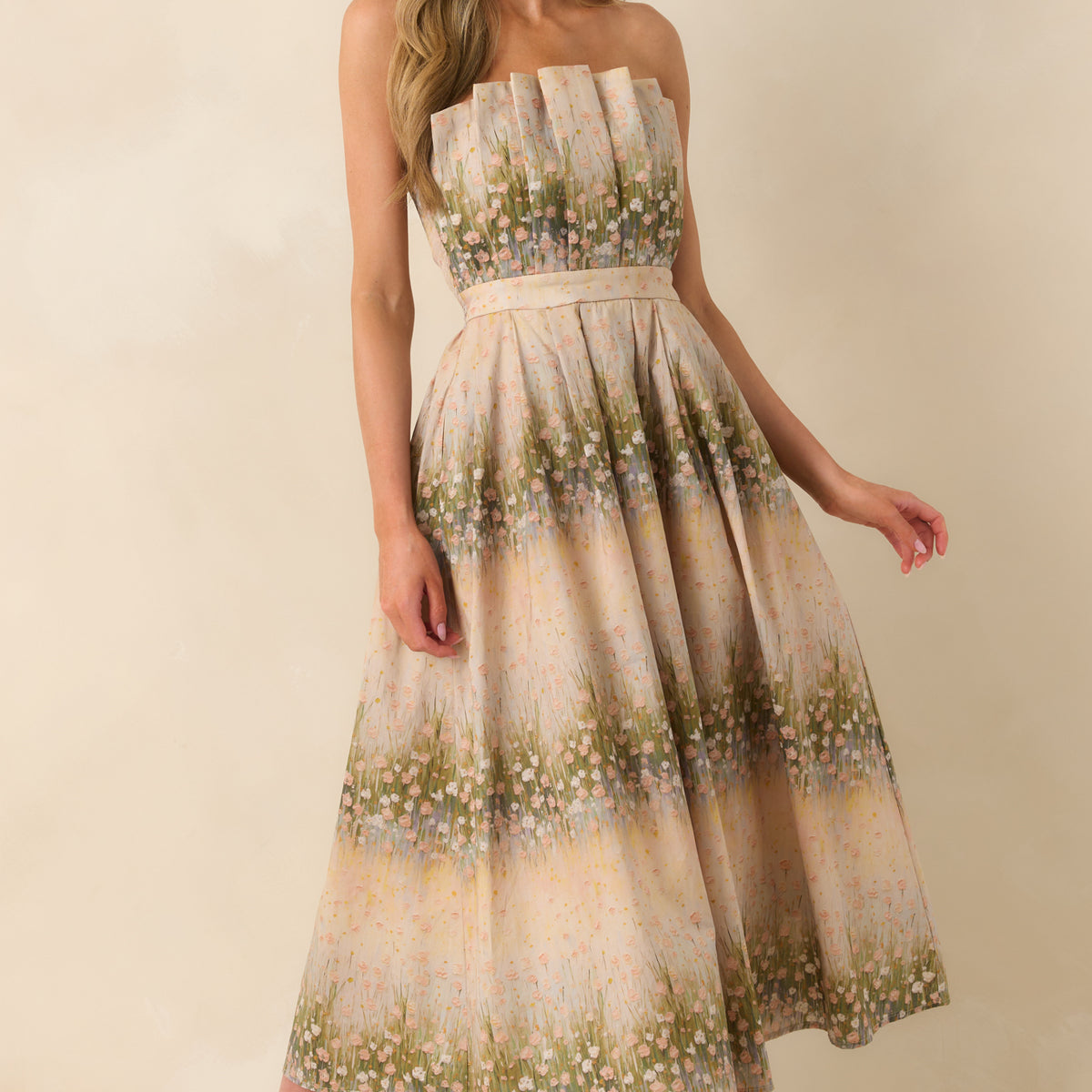 beige dress with red flowers Beige Floral Cotton Strapless Midi Dress - All Dresses