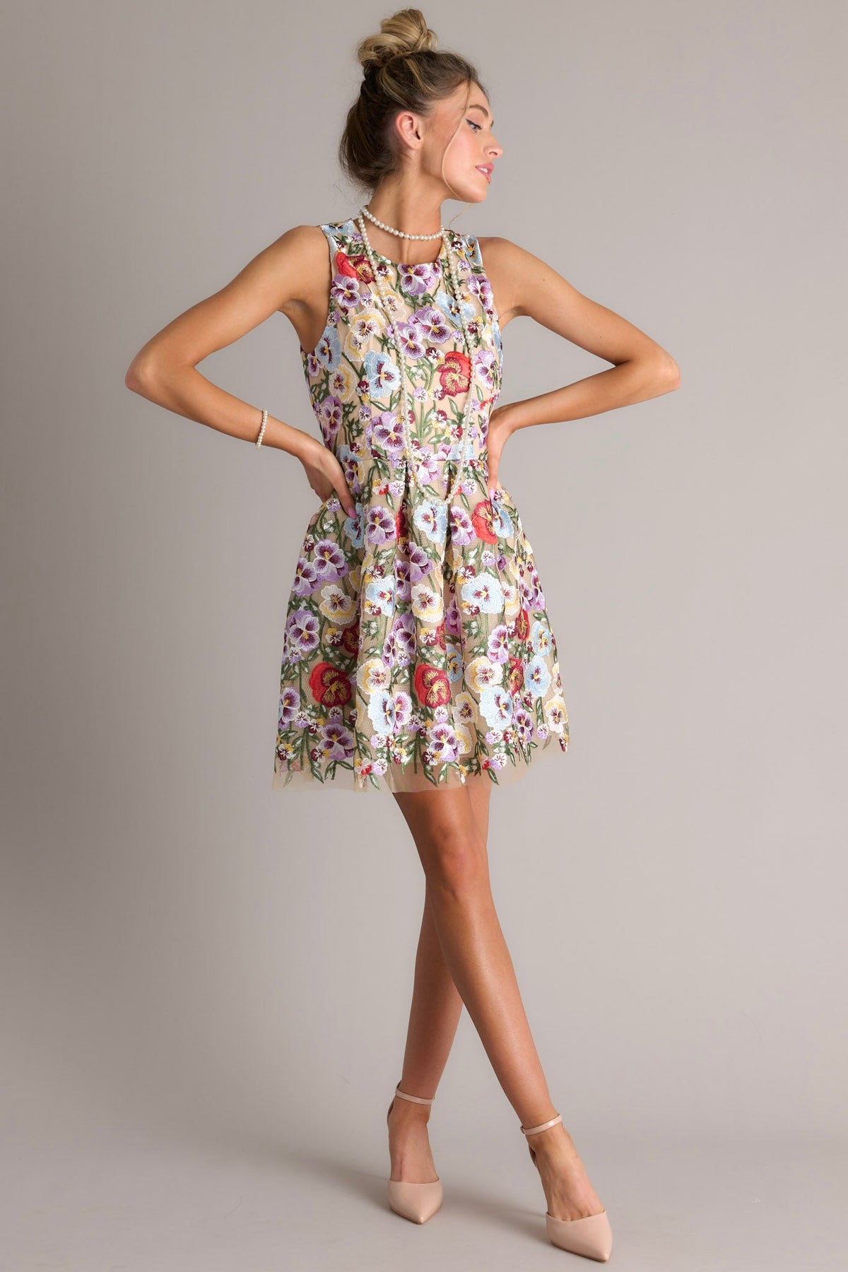 Natural Floral Embroidered Mini Dress