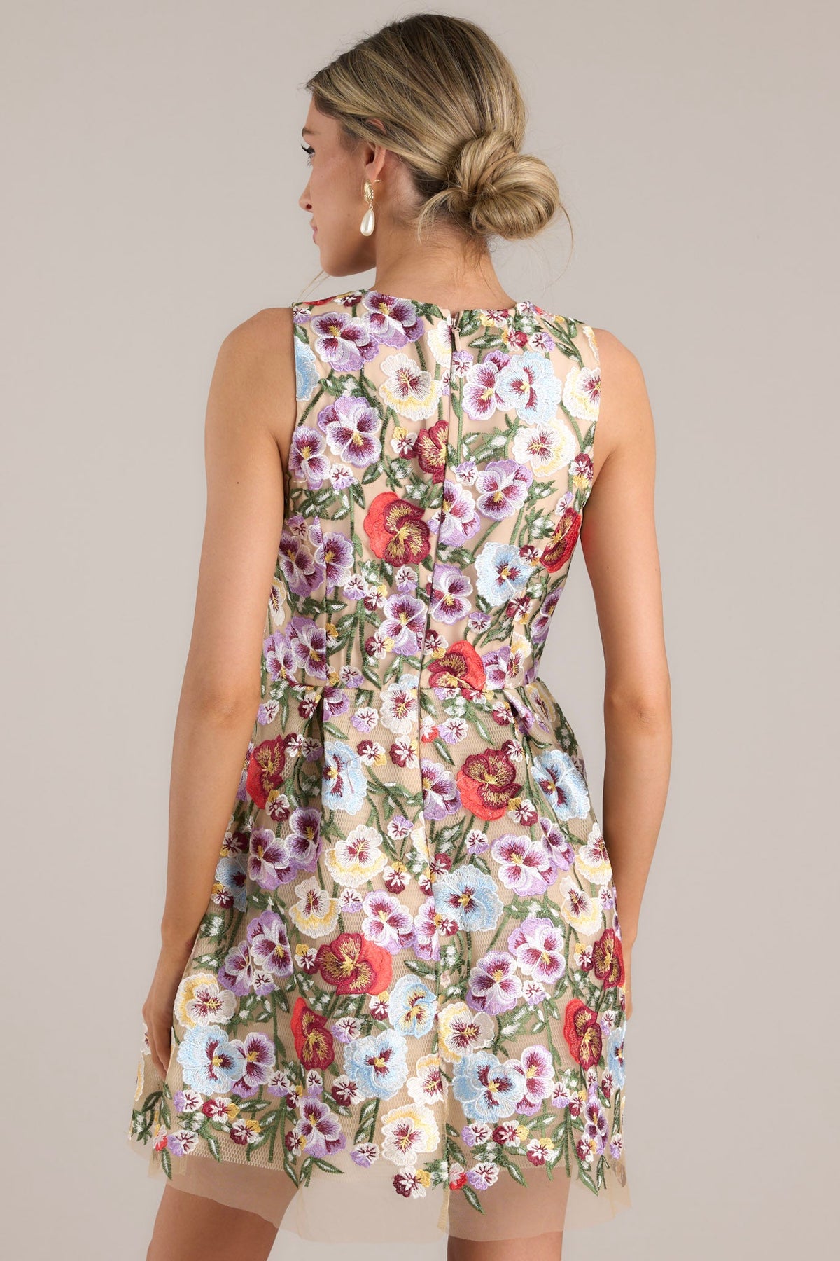 Natural Floral Embroidered Mini Dress