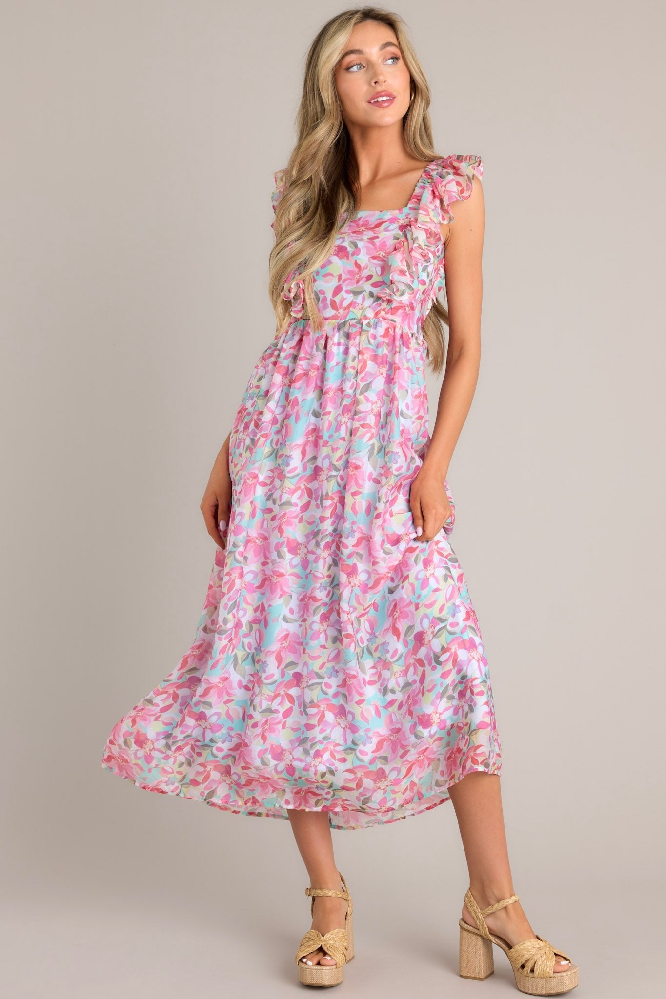 Pink Floral Ruffle Sleeve Midi Dress - Romantic Dresses | Red Dress