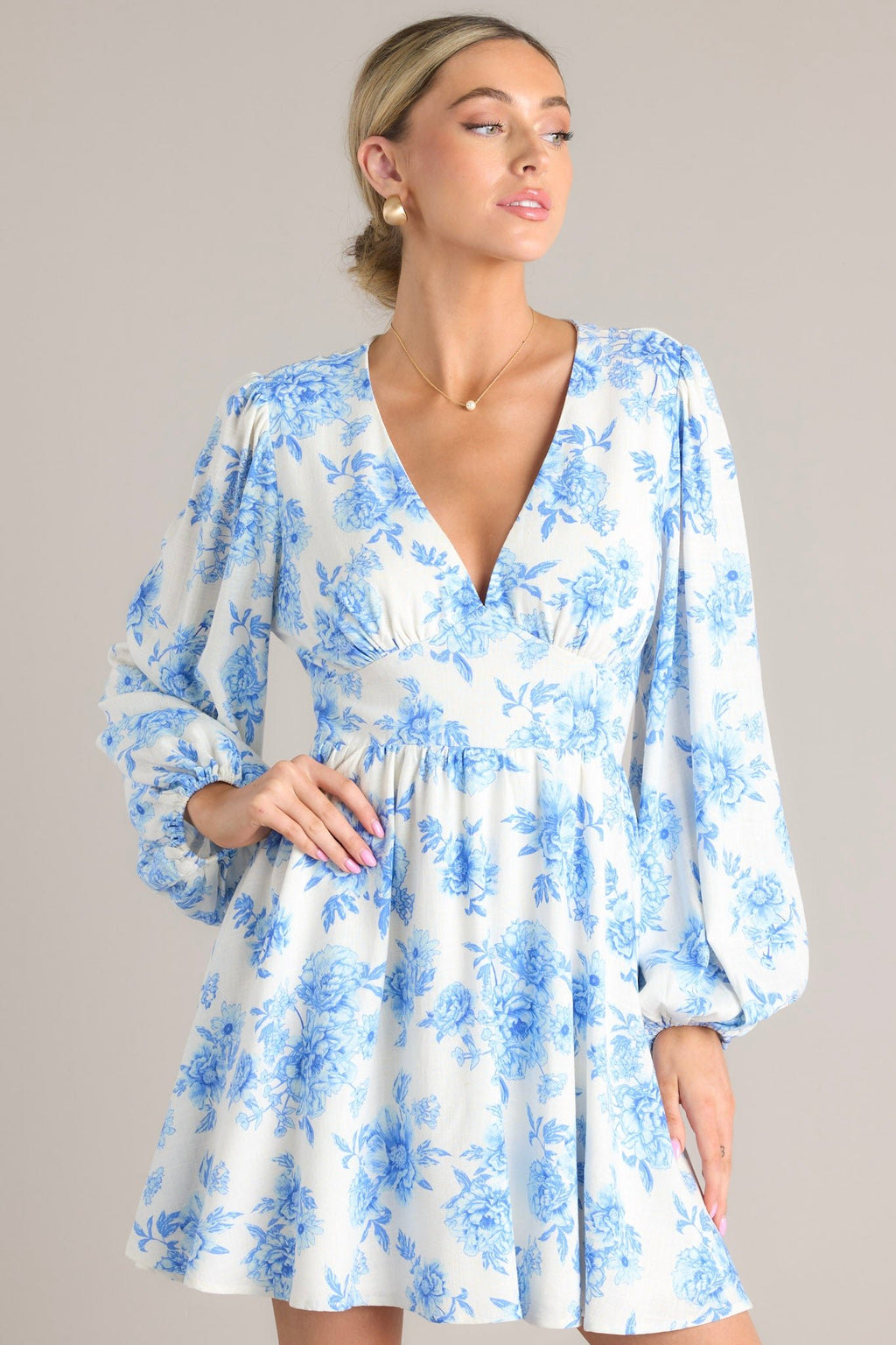 Ivory & Blue Floral Mini Dress - All Dresses | Red Dress