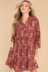 Going With The Season Burgundy Floral Print Dress - Red Dress
