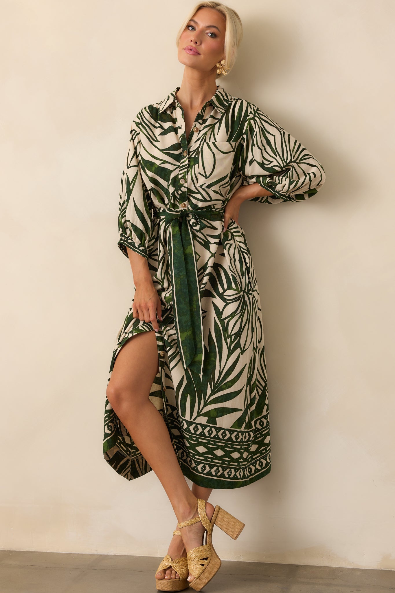 Curvy Knotted Tropical Leaves Dress - Green/Pink main image 1