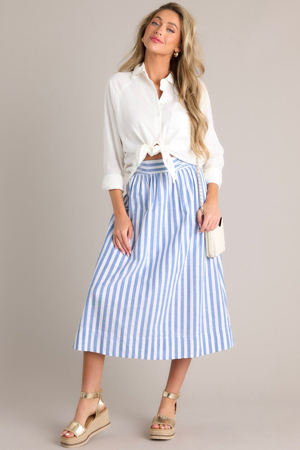 Blue & White Stripe Midi Skirt - All Bottoms | Red Dress