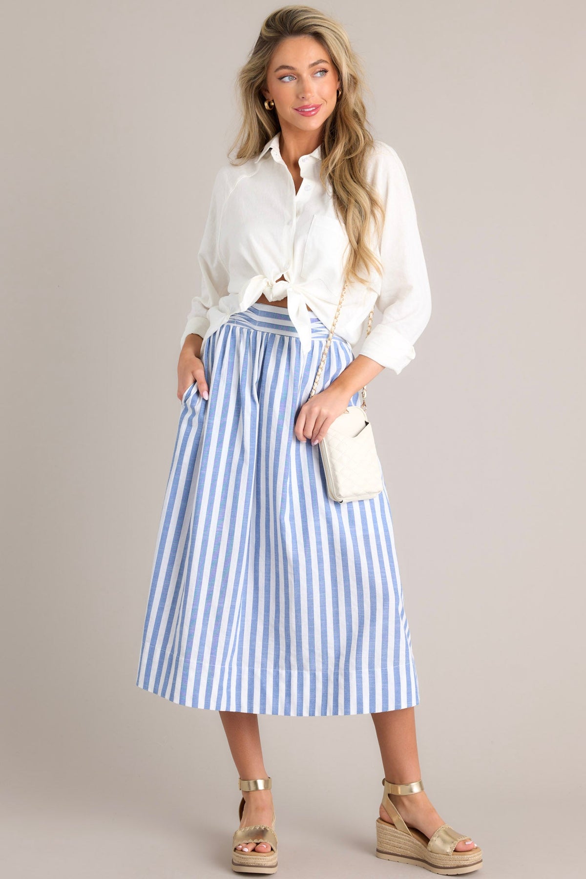 12053 White Striped Midi Skirt