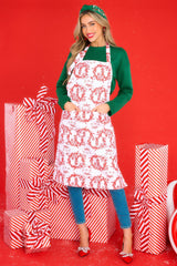 Happy Holiday Host White Print Apron - Red Dress