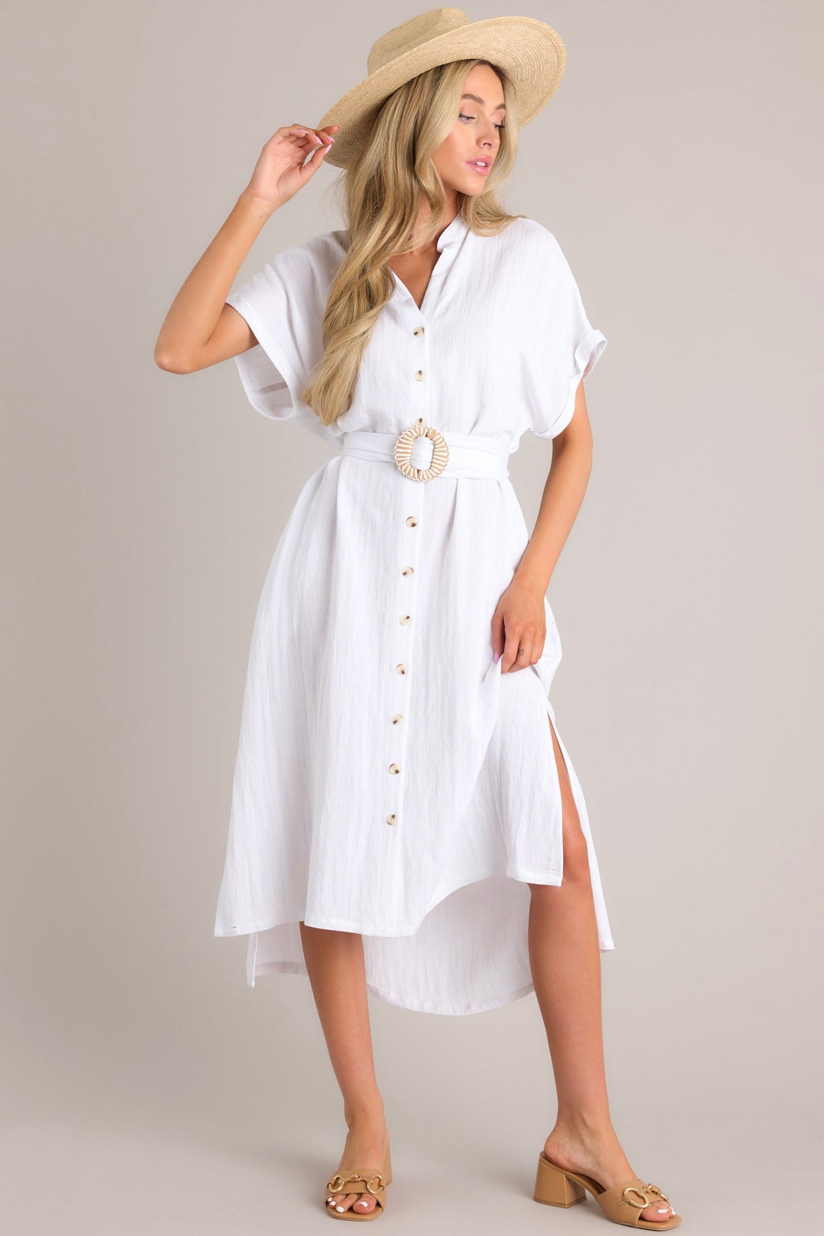 Buttoned Midi Dress with Belt - White