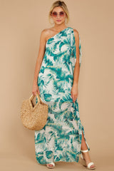 I Would Know White And Green Palm Print One Shoulder Dress - Red Dress