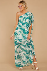 I Would Know White And Green Palm Print One Shoulder Dress - Red Dress