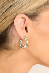 I'll Think About It Silver Hoop Earrings - Red Dress