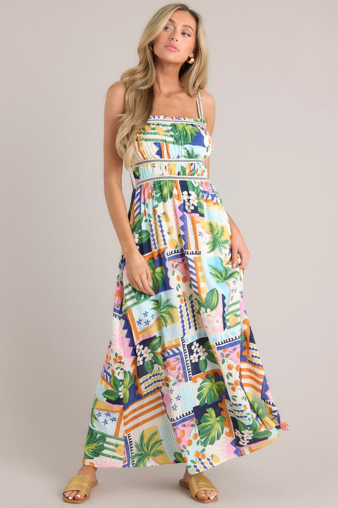 Maxi Beach Dress in Blue Tropical Print