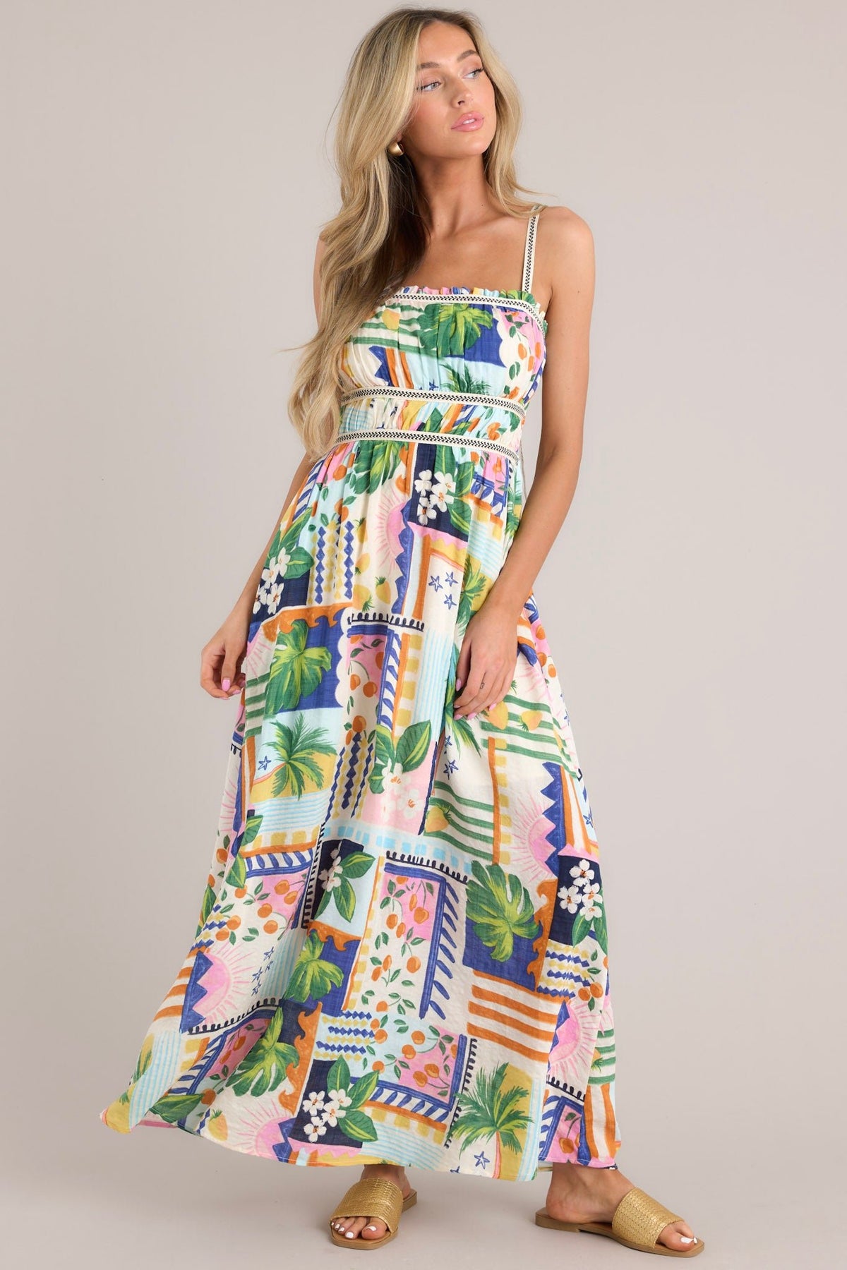 Sky Blue Tropical Botanic Print Flutter Sleeve Vacation Long Dress