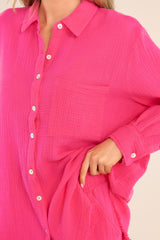 Island Hopping Hot Pink Gauze Button Front Top - Red Dress