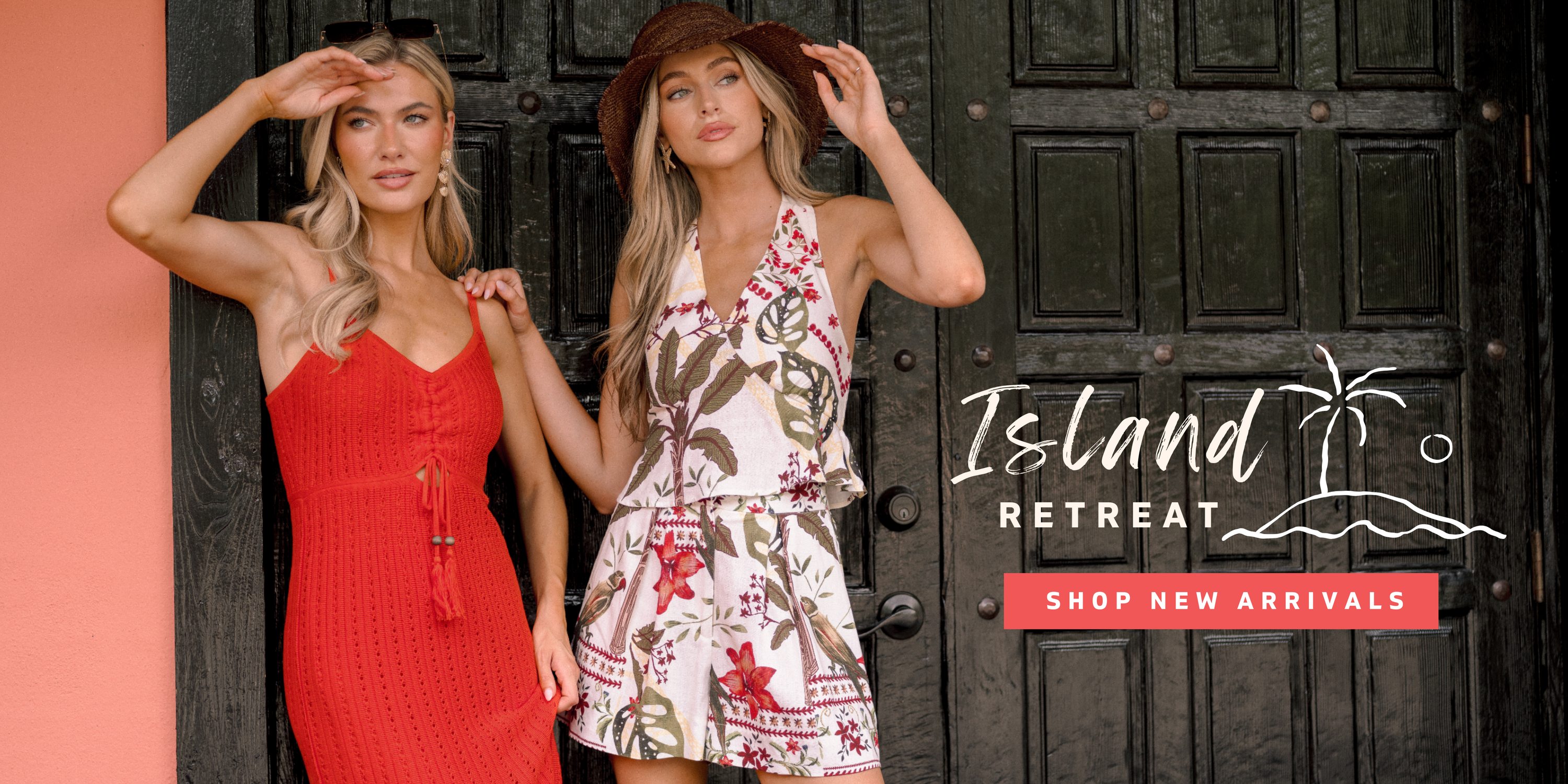 Models wearing a red knit midi dress and tropical floral two piece set for a women’s summer fashion new arrivals collection called Island Retreat.
