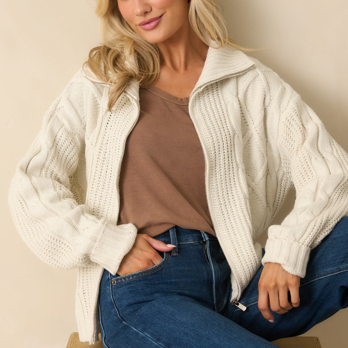 Ivory Cable Knit Zip Front Sweater Jacket - All Outerwear