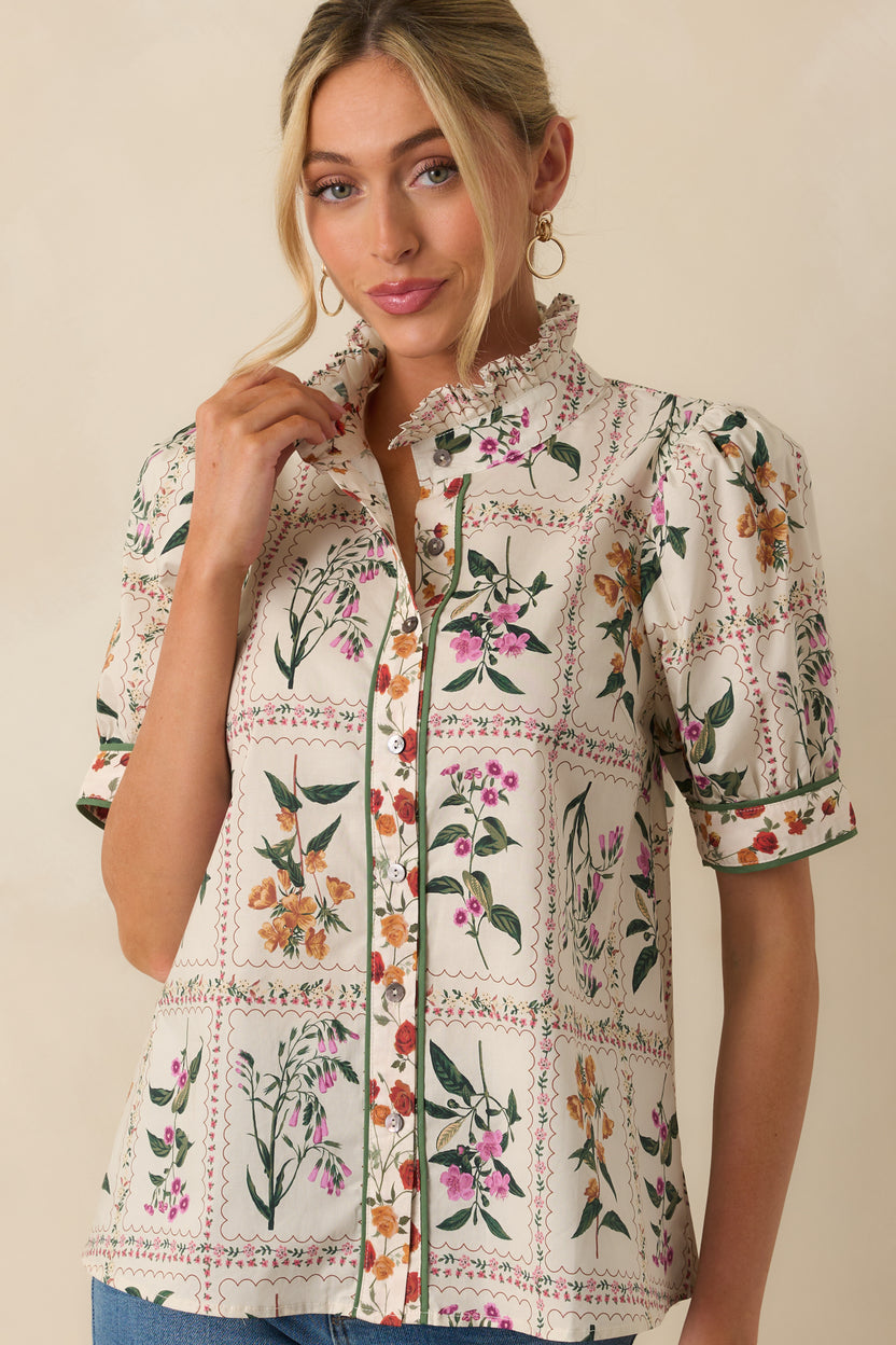 Ivory Floral Print Cotton Button Up Top - All Tops | Red Dress