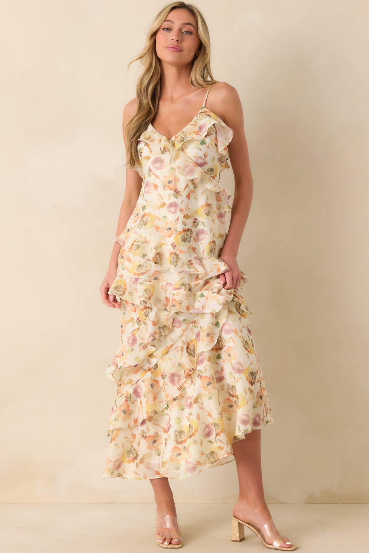 Ivory Multi Floral Print Ruffle Dress Maxi Dresses Red Dress — free download