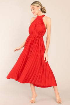 Red Pleated Halter Midi Dress - All Dresses | Red Dress