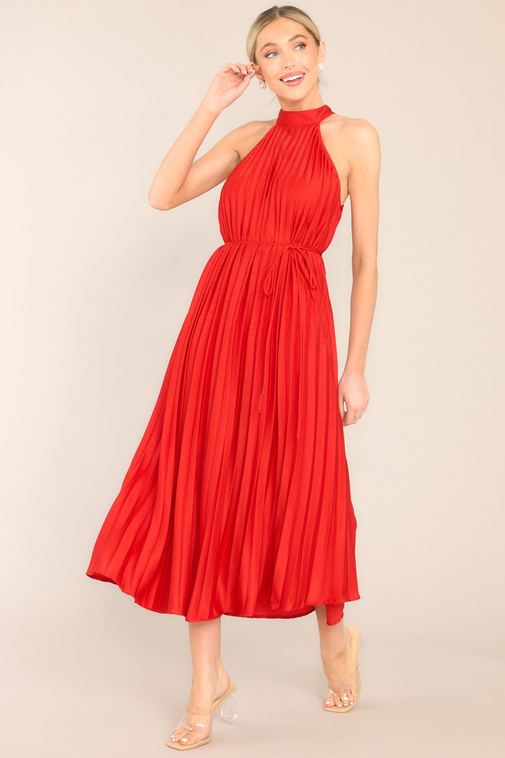 Red Pleated Halter Midi Dress - All Dresses | Red Dress