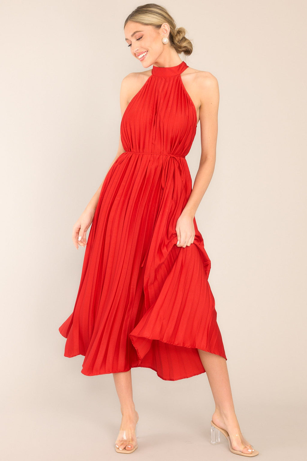 strapless open back dress Red Pleated Halter Midi Dress - All Dresses