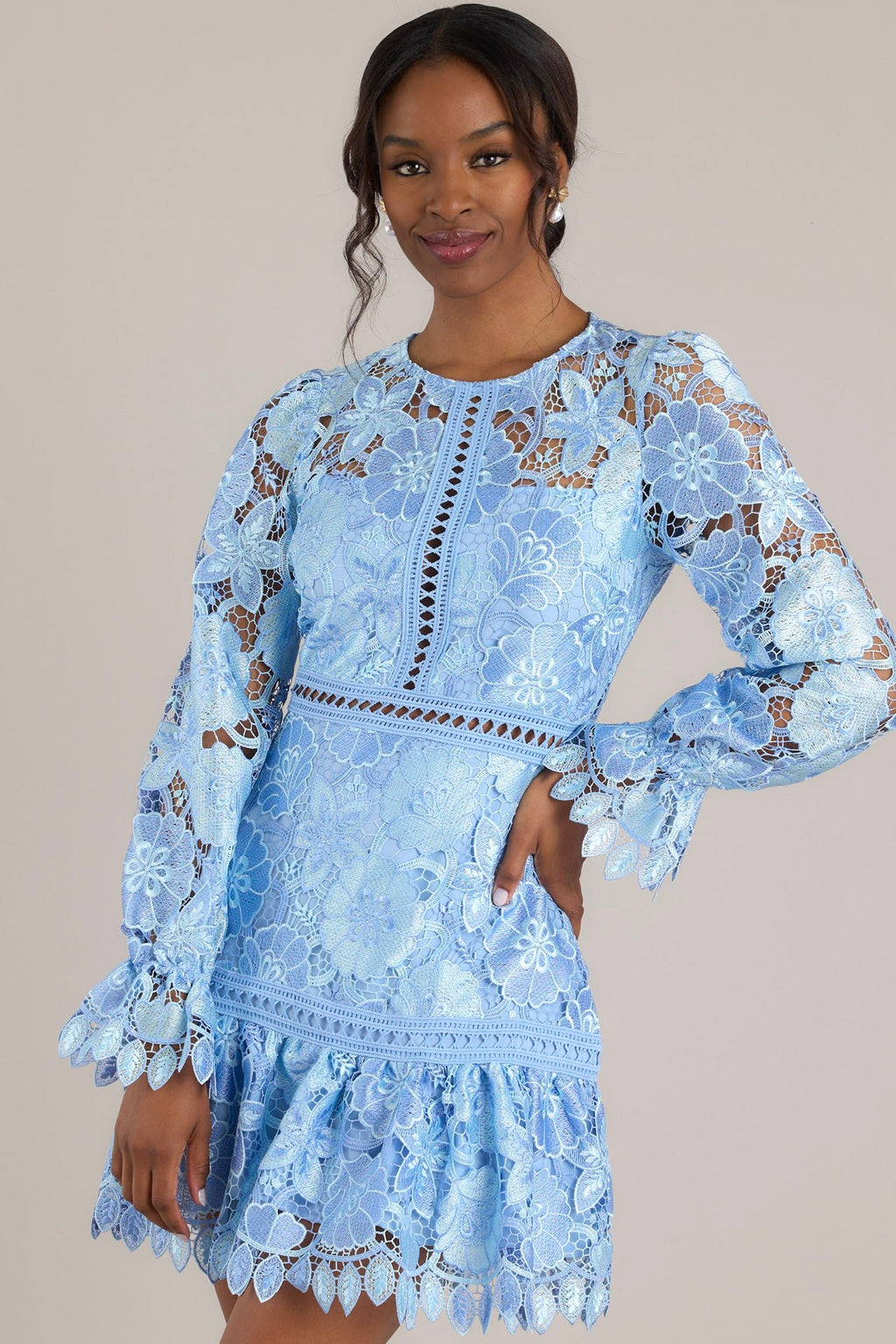 Light Blue Floral Embroidered Mini Dress