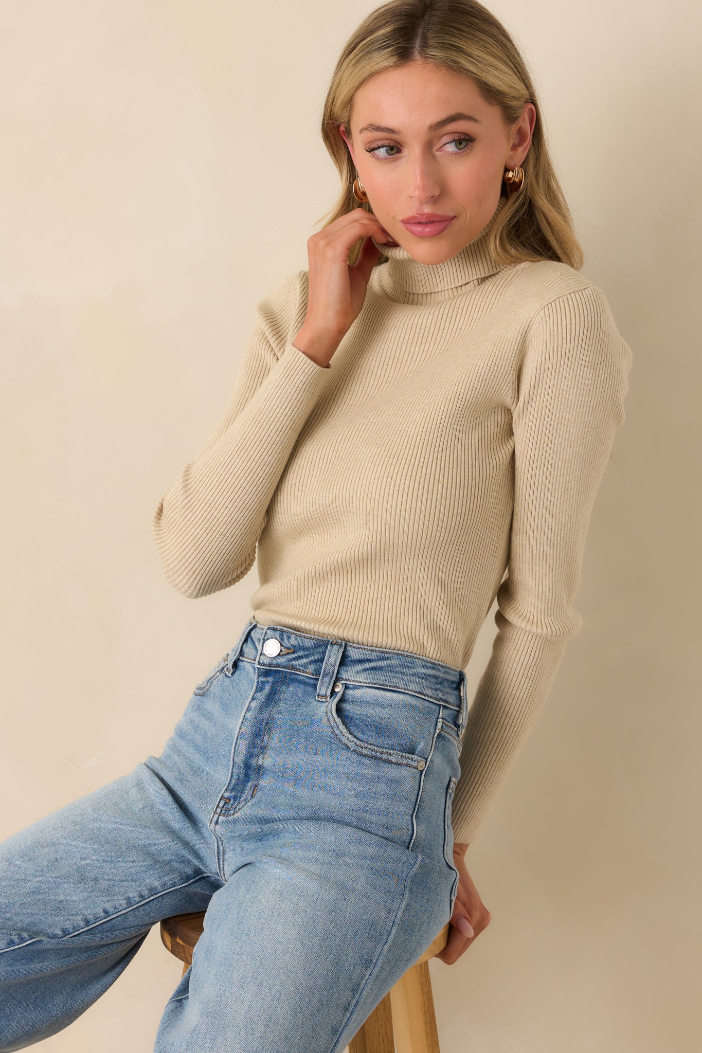 Cropped front view emphasizing the close fit of the turtleneck and ribbed fabric around the collar.
