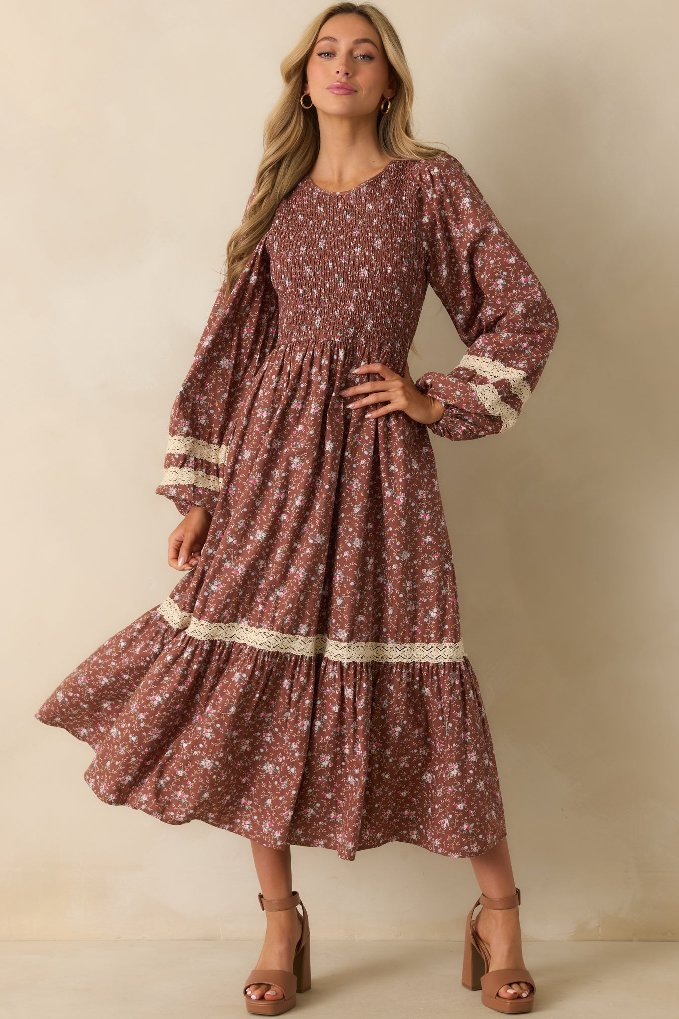 Mocha Brown Multi Floral Print Maxi Dress - All Dresses