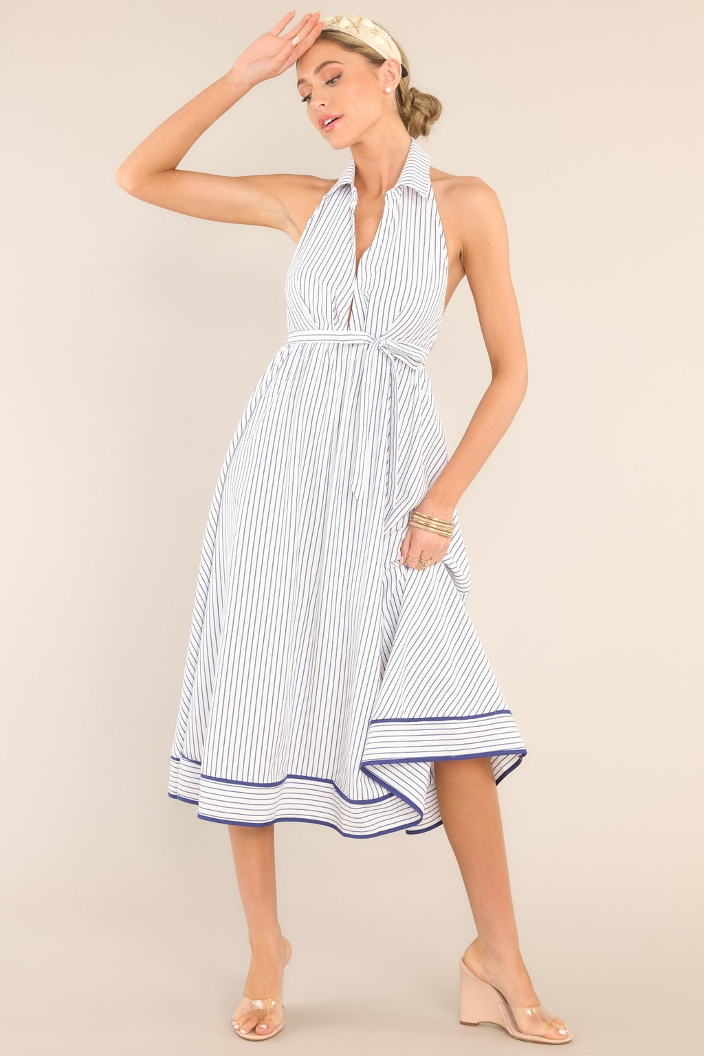 Blue & White Stripe Halter Midi Dress