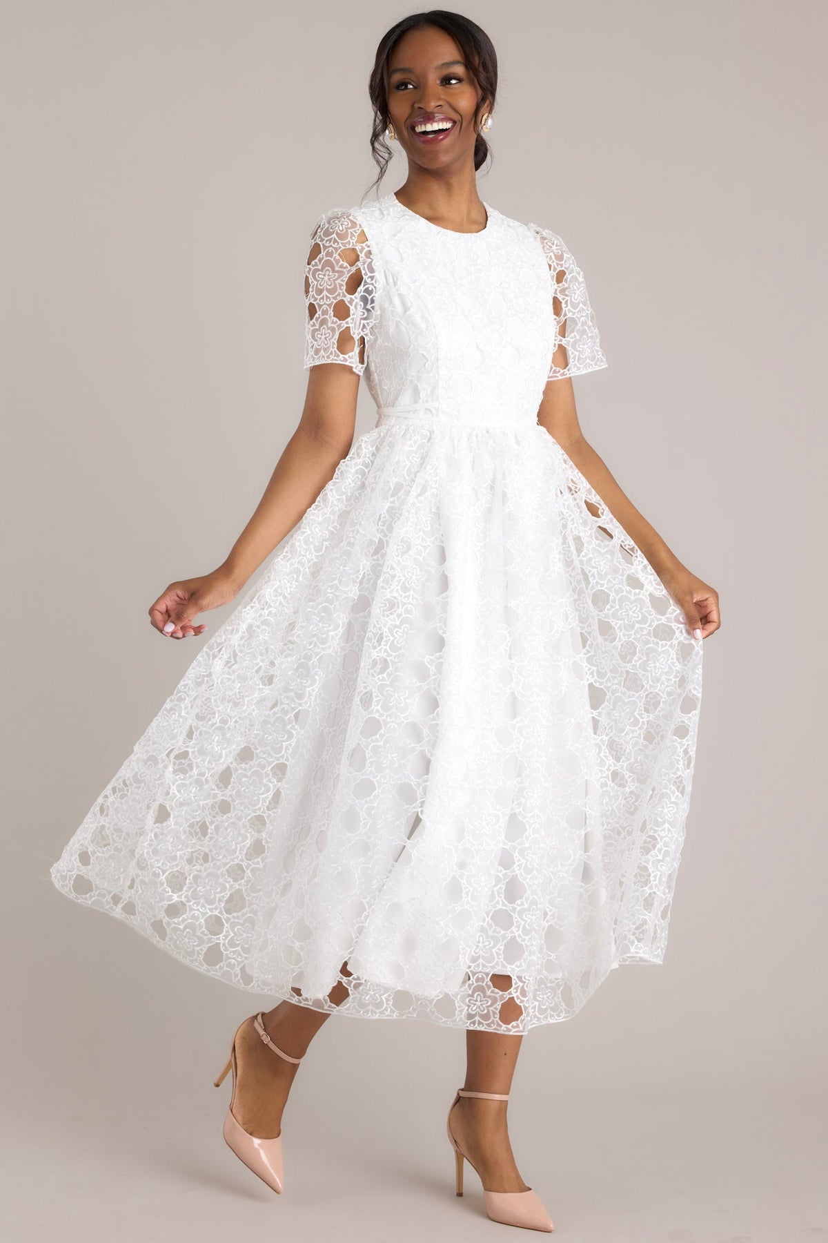 White Floral Embroidered Midi Dress - All Dresses | Red Dress
