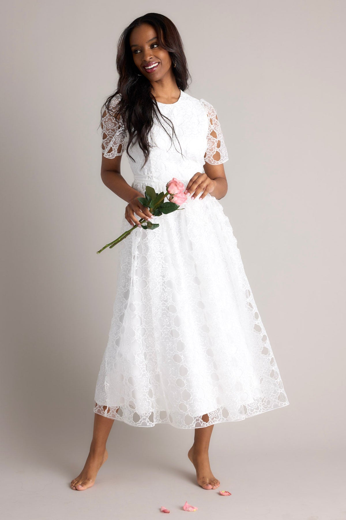 White Floral Embroidered Midi Dress