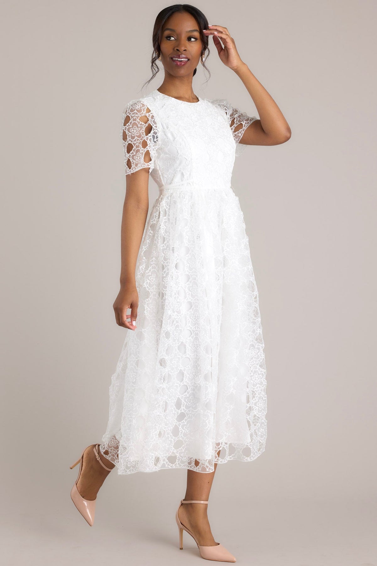 White Floral Embroidered Midi Dress