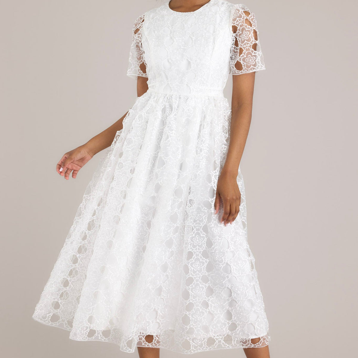 White Floral Embroidered Midi Dress - All Dresses