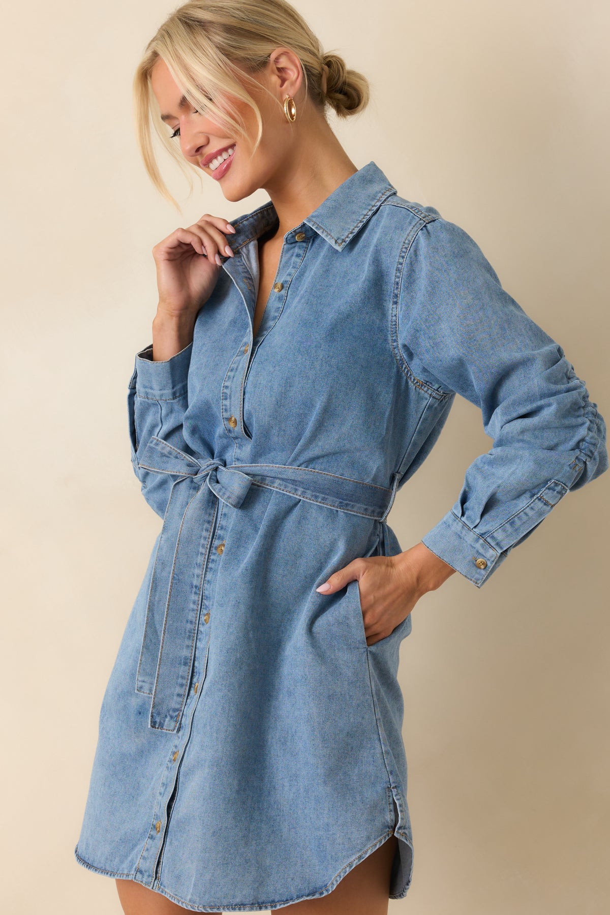 Light Wash Cotton Denim Long Sleeve Dress