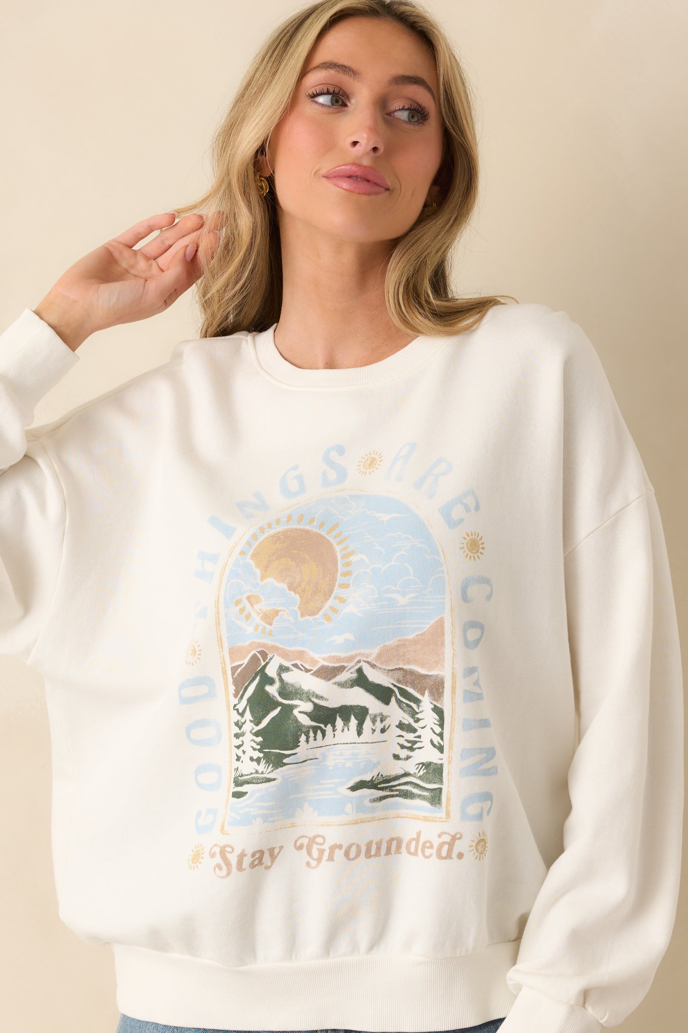 Long sleeve brushed cotton fleece fabric shown in vintage wash finish.